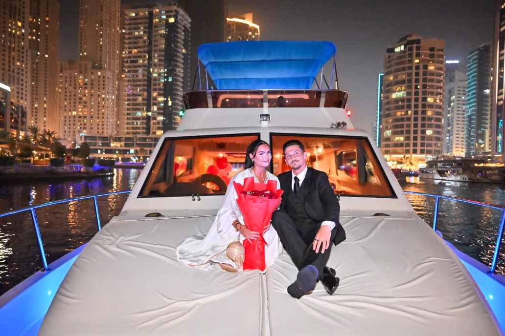 Luxury wedding yacht celebration in Dubai Marina with Amwaj Yachts