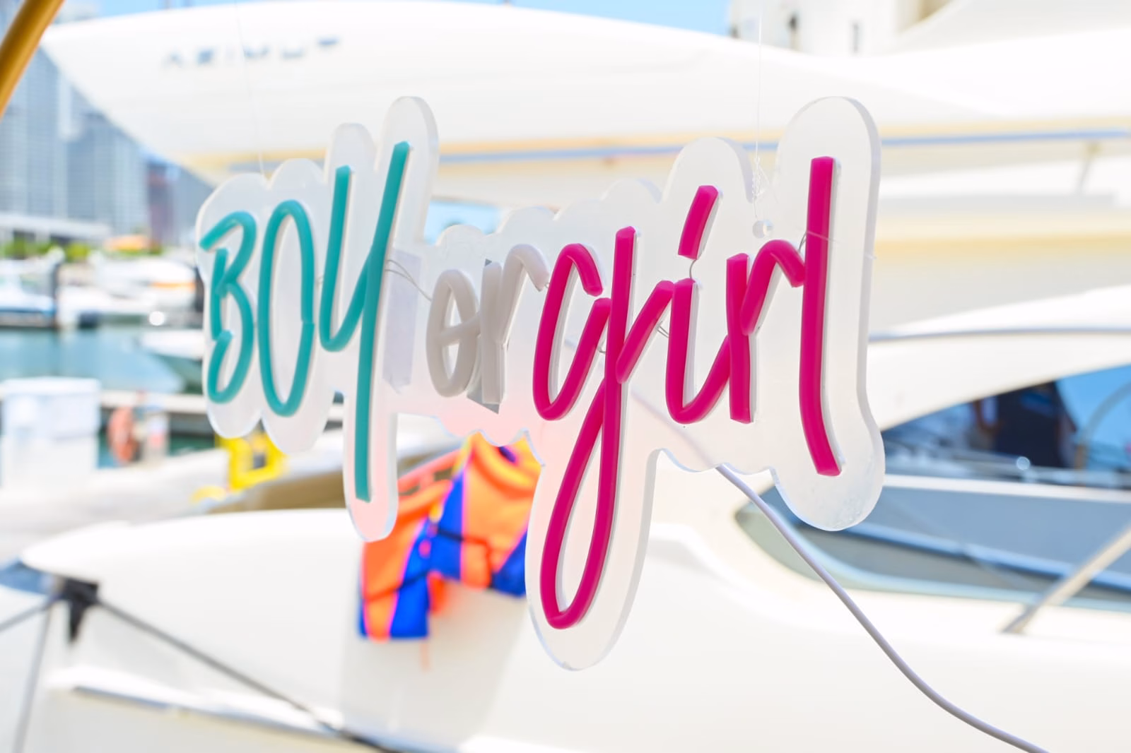 Luxury gender reveal decorations on yacht in Dubai Marina