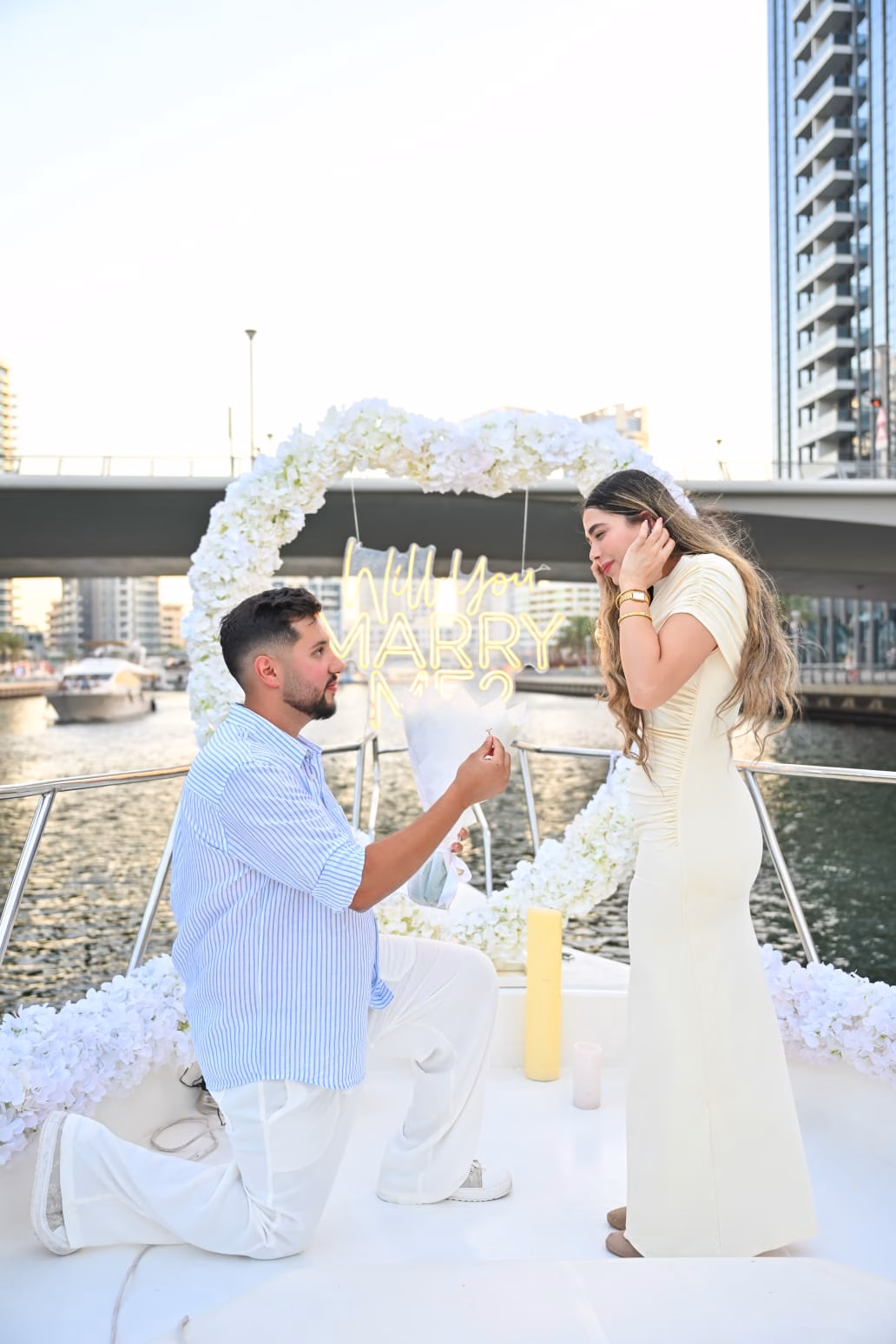 Luxury Yacht Proposal Dubai Marina with Burj Al Arab View and Romantic Engagement Setup