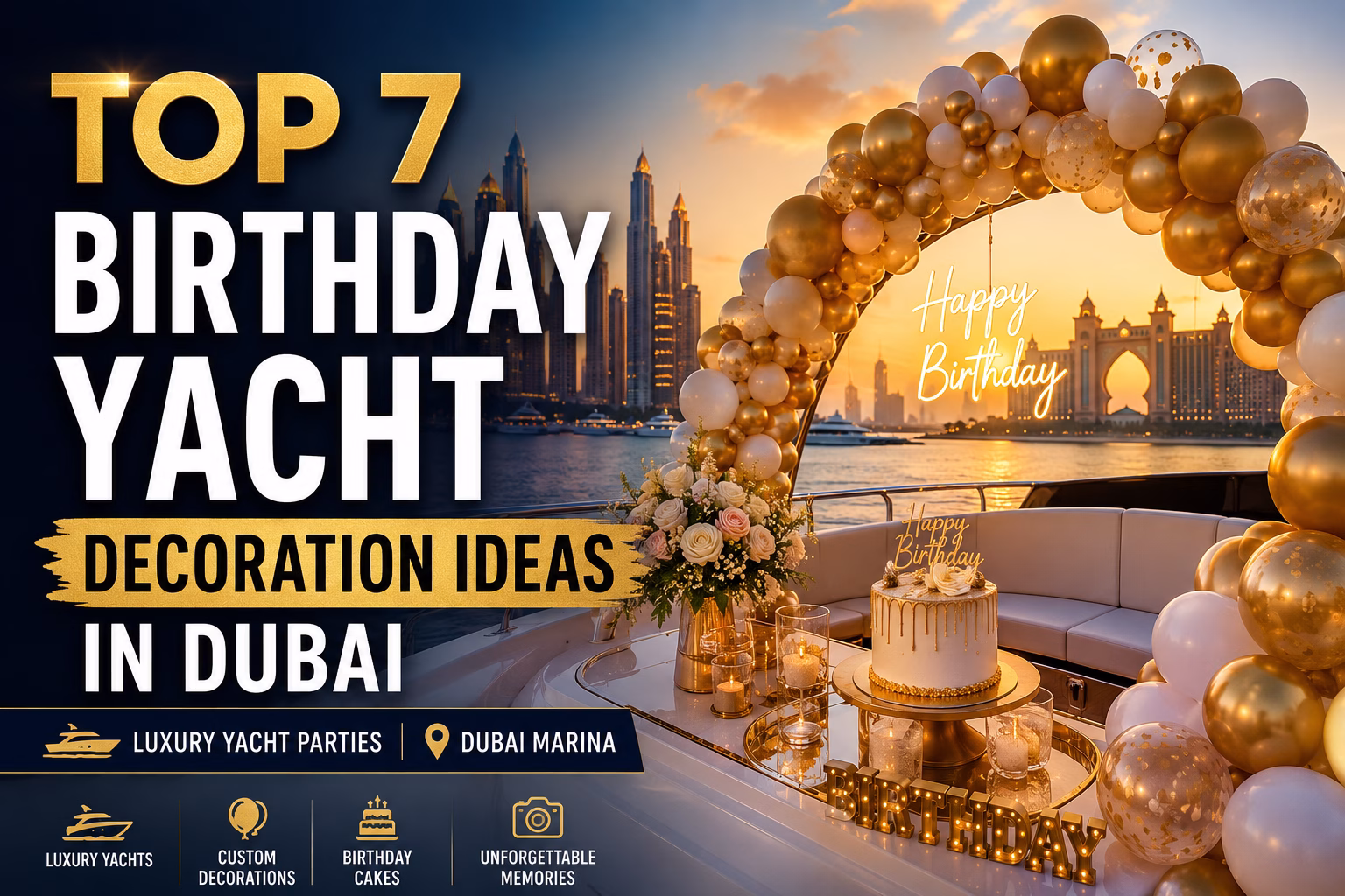 Luxury birthday yacht decoration in Dubai featuring Top 7 birthday yacht decoration ideas with gold balloon arch, cake setup, and Dubai Marina sunset skyline.